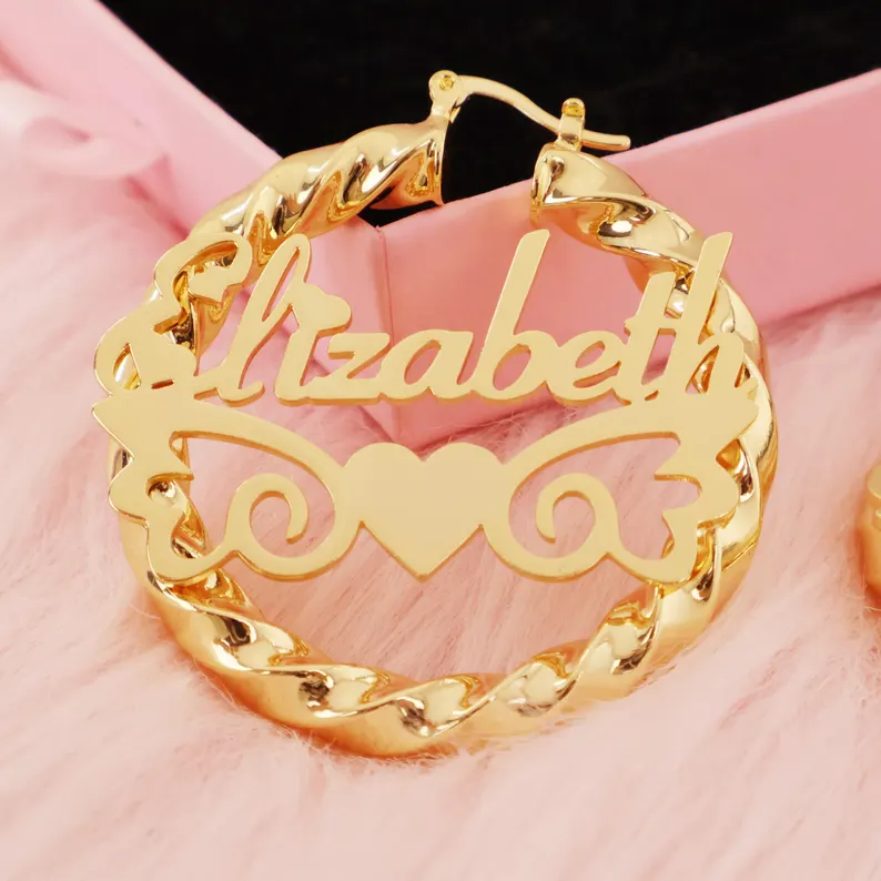 Personalized Custom Name Twist Hoop Earrings with Wings