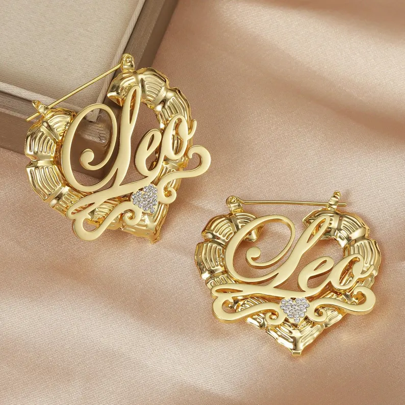 Shiny Heart Bamboo Gold Plated Personalized Custom Name Bamboo Earrings