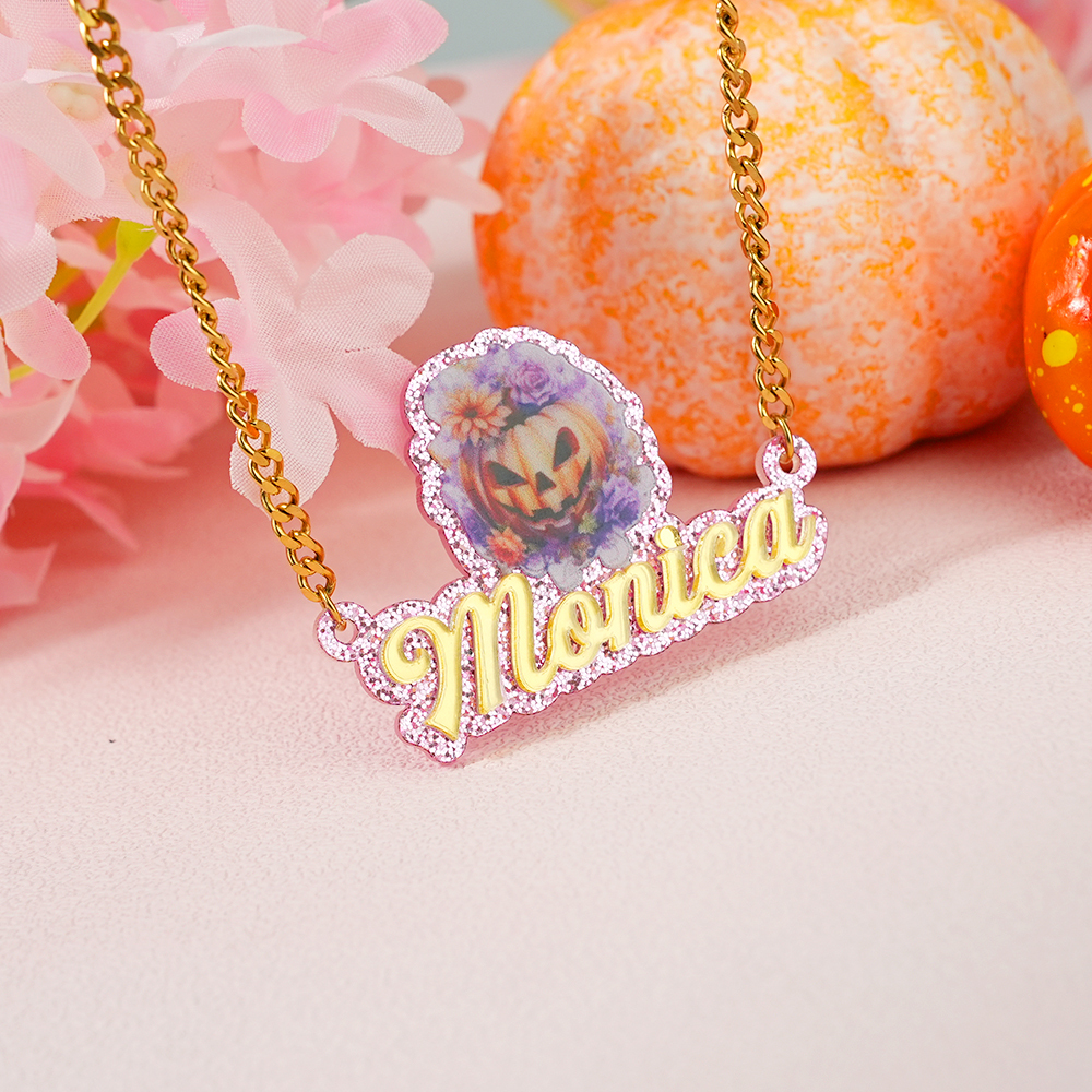 Pumpkin Acrylic Pendant Personalized Name Necklace Halloween Gift