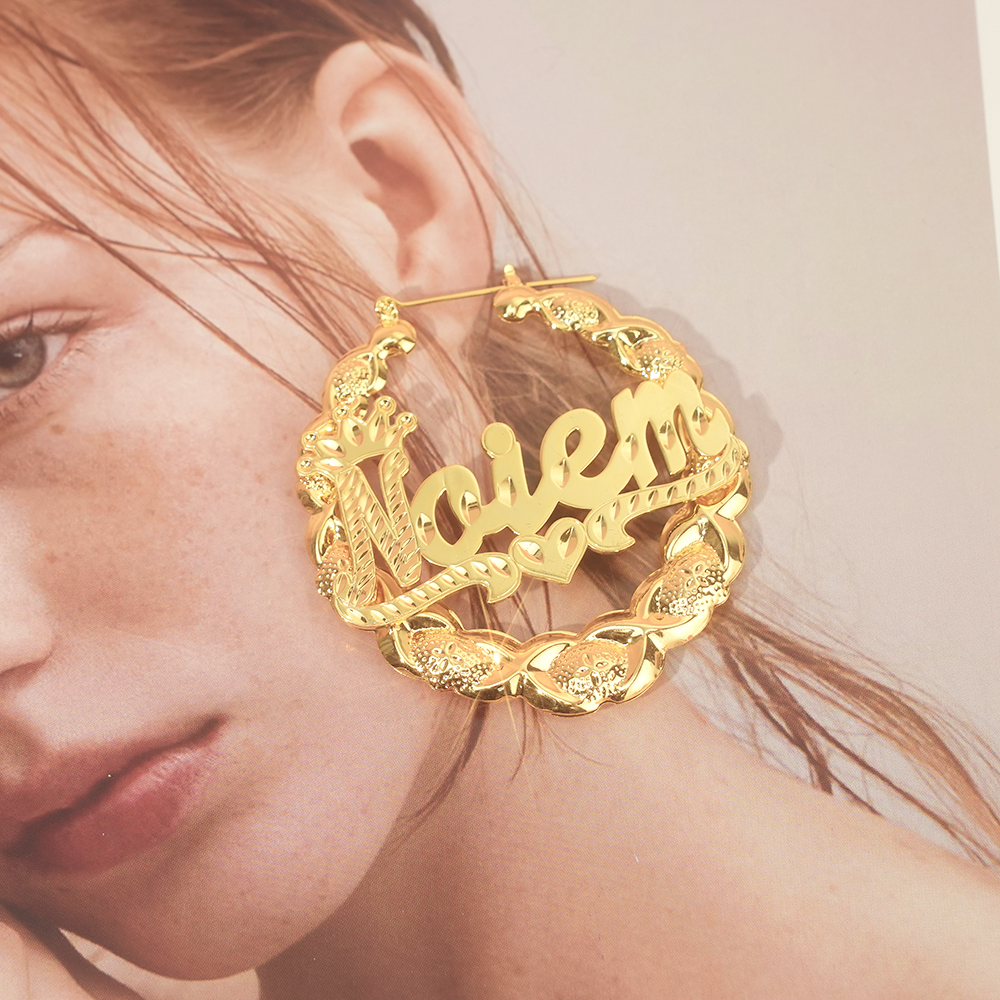 XOXO Bamboo Earrings with Crown Heart Personalized Custom Gold Plated Name Earrings