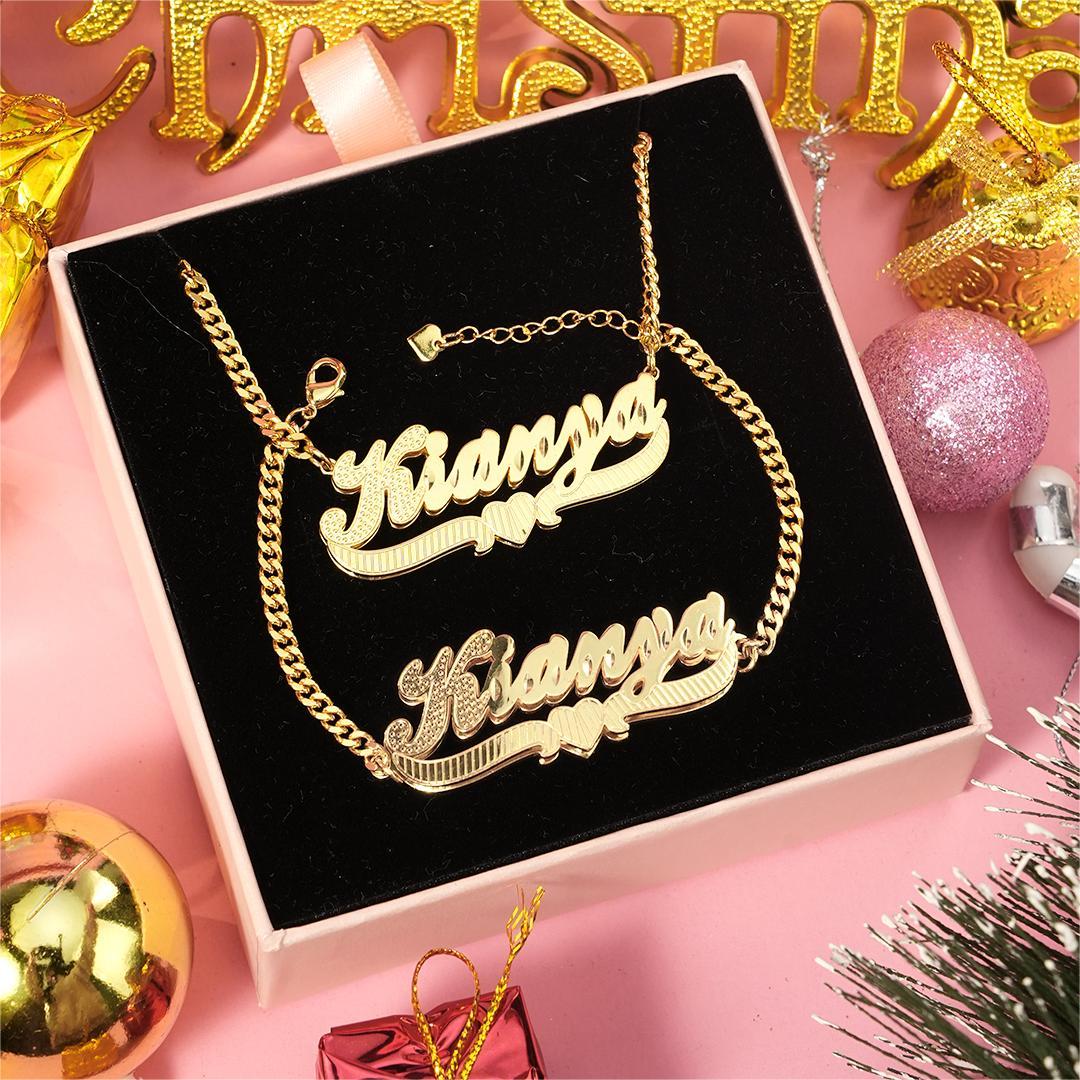 Double Layer With Heart Nameplate Personalized Custom Gold Plated Name Necklace and Bracelet Set