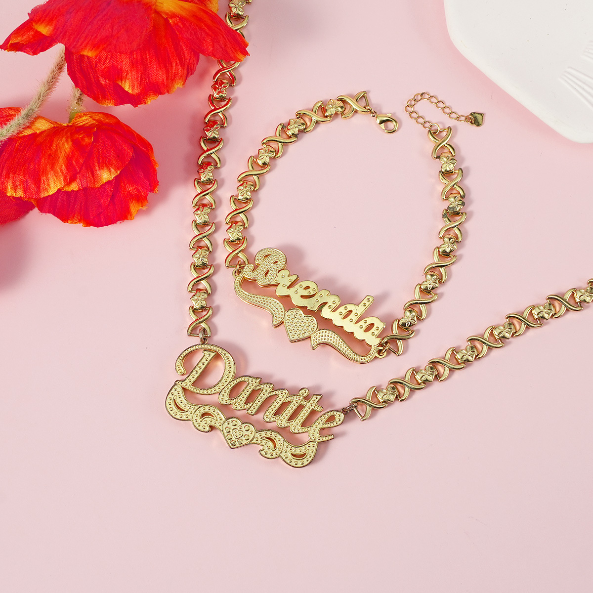 Double Layer Love Heart Personalized Name Necklace And Name Bracelet Set