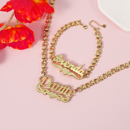 Double Layer Love Heart Personalized Name Necklace And Name Bracelet Set