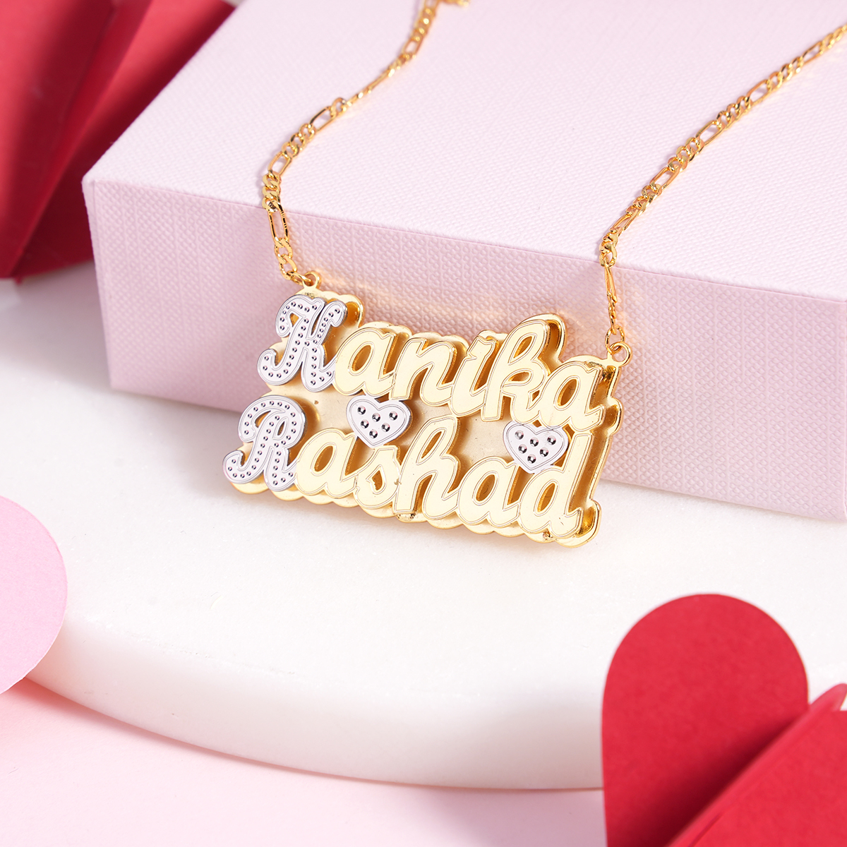 Double Layer Two Tone with Two Hearts Personalized Custom Gold Plated Name Necklace