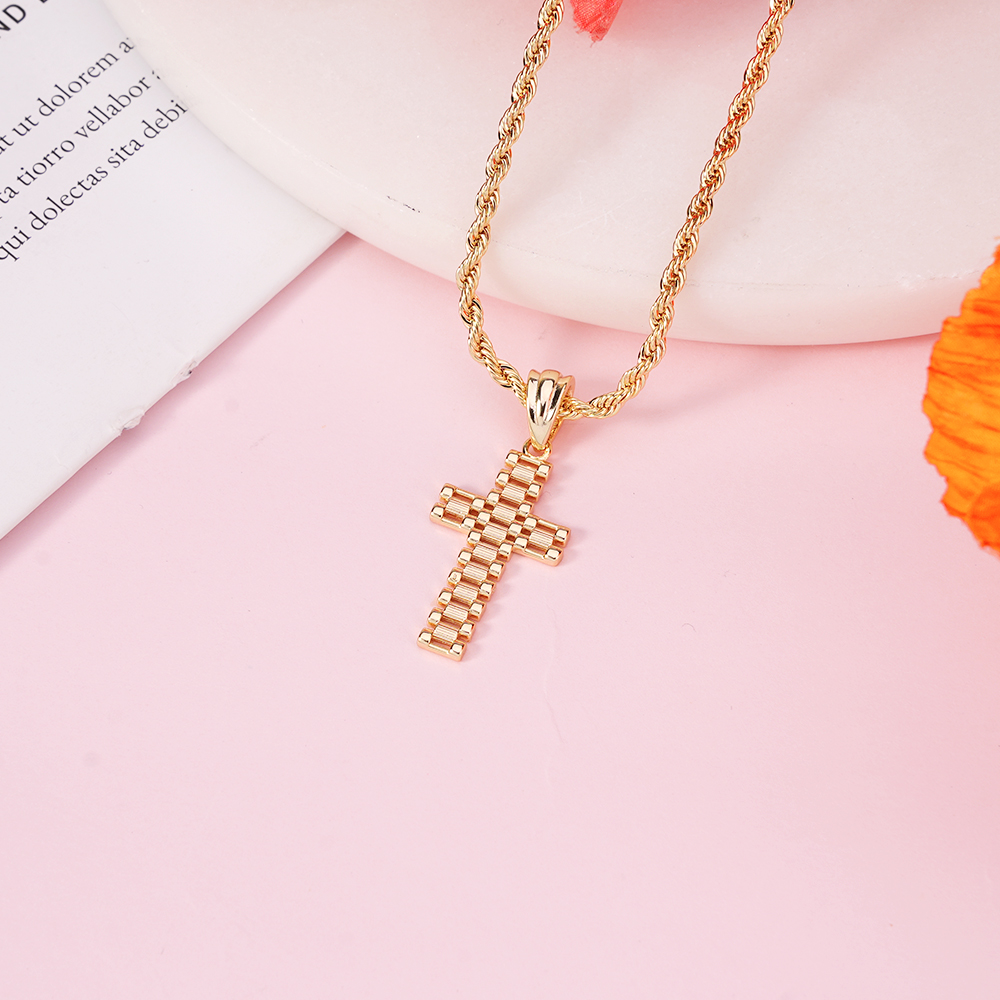 Rolex Style Cross Pendant Neckalce Gold Plated Diamond Cut Gifts For Men