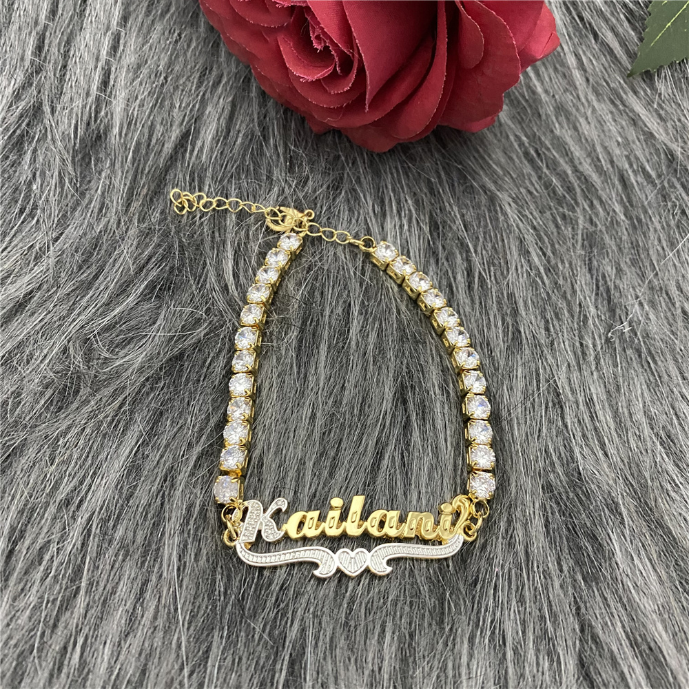 Tennis Chain Double Layer Two-tone Heart Personalized Custom Gold Plated Name Anklet