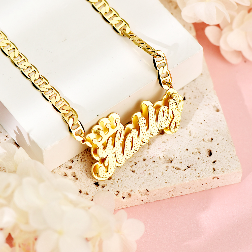 Double Layer Personalized Custom 3D Name Necklace with Crown