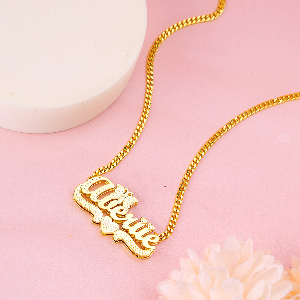 Double Layer Butterfly Heart Nameplate Personalized Name Necklace 