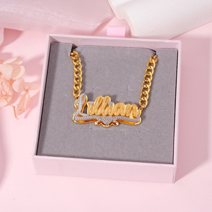 Double Plate Two Tone Heart Nameplate Pendant With Cuban Chain Personalized Name Necklace