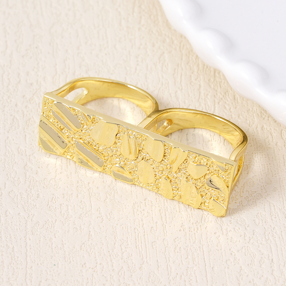 Gold Plated Nugget Classic Simple Two Double Finger Ring for Men Women
