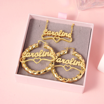 Heart Pendant Personalized Double Plated Name Necklace and Twist Hoop Name Earrings Jewelry Set