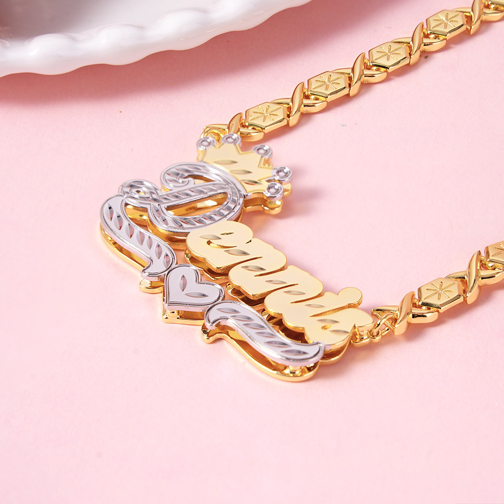 Double Layer Two Tone Crown xoxo Chain Personalized Custom Gold Plated Name Necklace