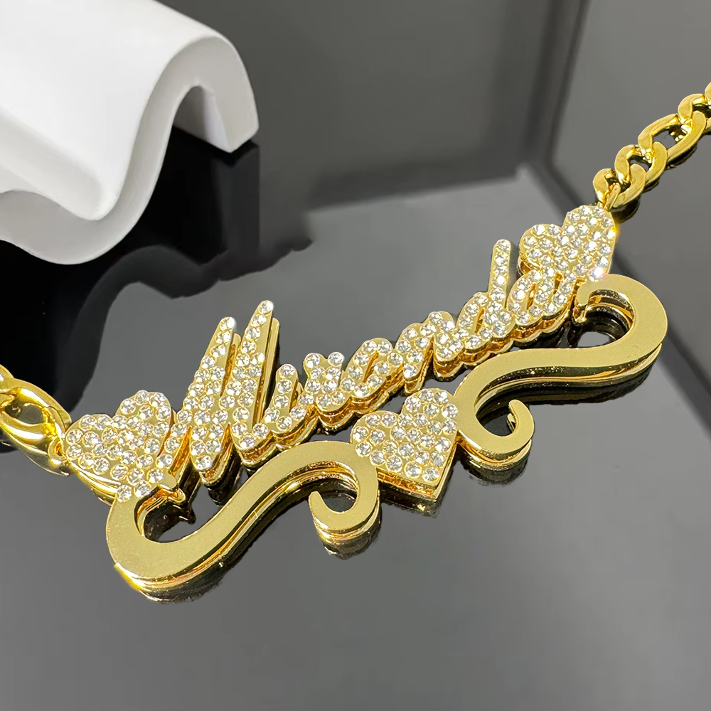 Bling Zircon Necklace Personalized Double Layer Name Necklace with Three Hearts