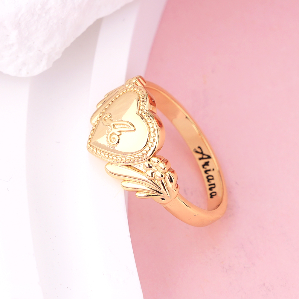 Gold Plated Cursive Initial Ring With Heart