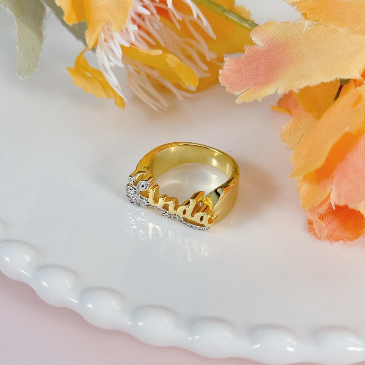 Personalized Flower Design Two Tone Name Ring