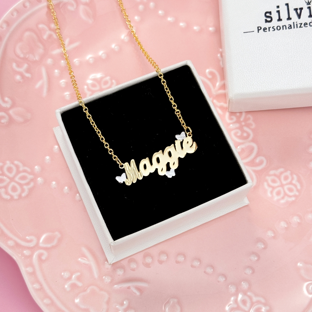 Personalized Two Tone Butterfly Nameplate Necklace