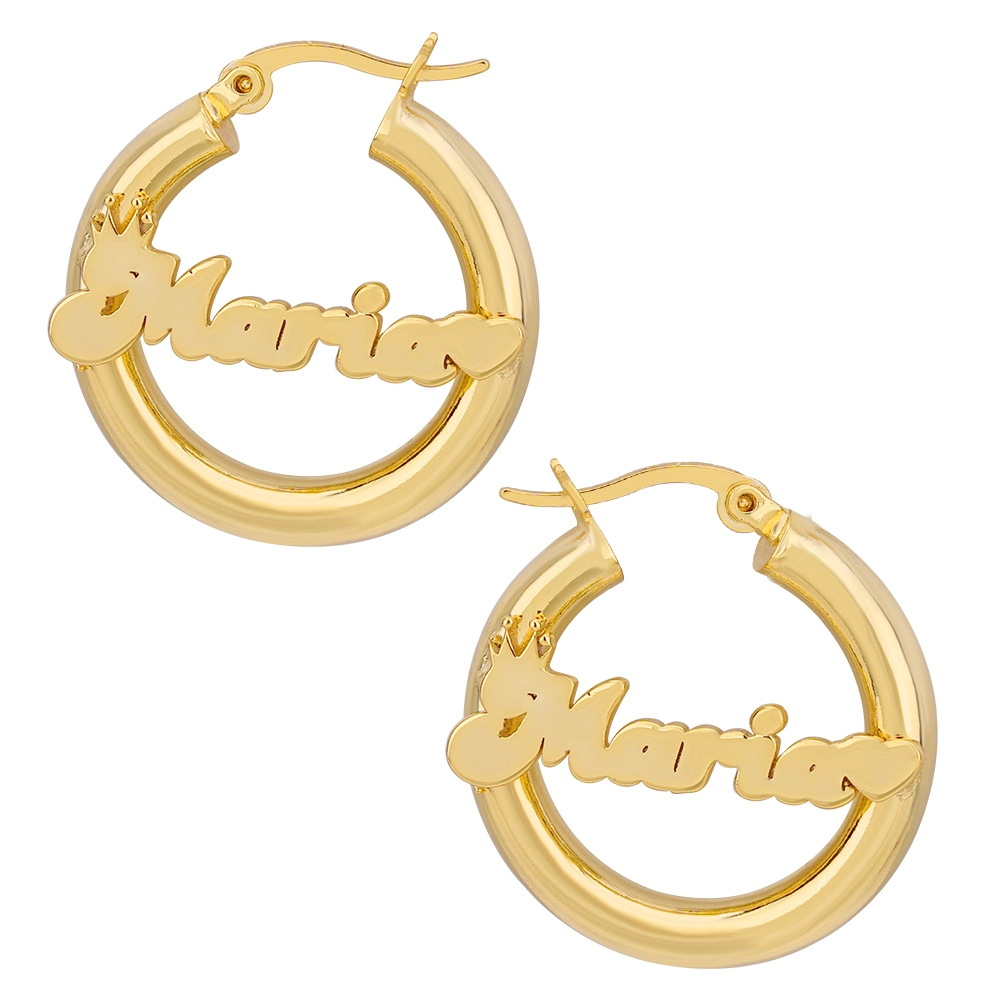Personalized Crown and Heart Nameplate Mini Hoop Earrings