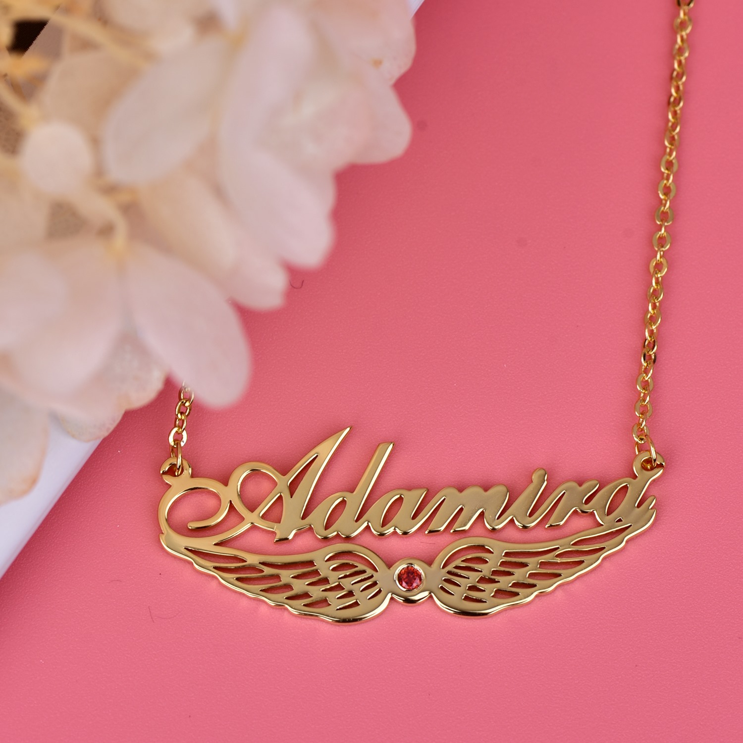 Angel Wing Nameplate Pendant with Birthstone Gold plated Personalized Custom Name Necklace