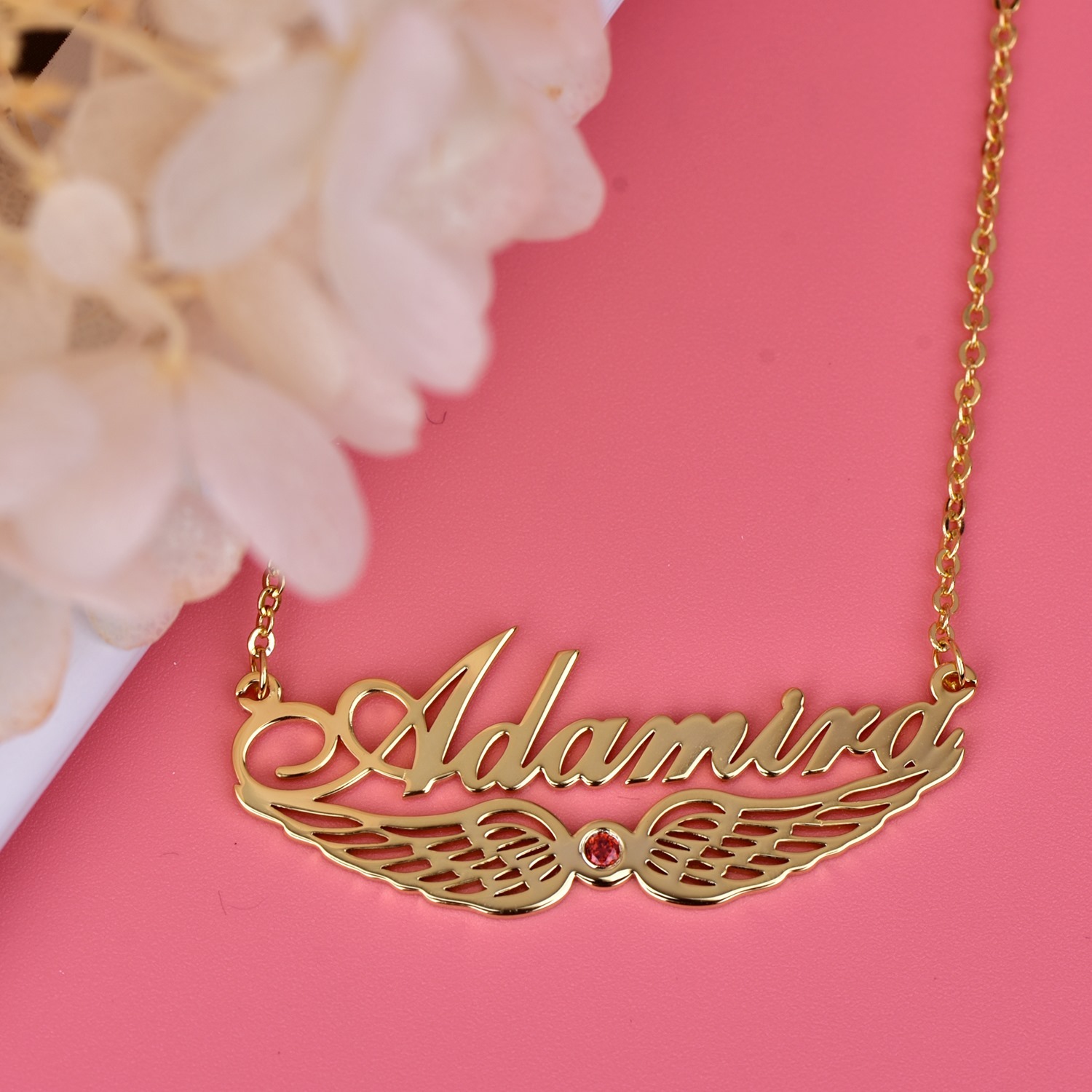 Angel Wing Nameplate Pendant with Birthstone Gold plated Personalized Custom Name Necklace