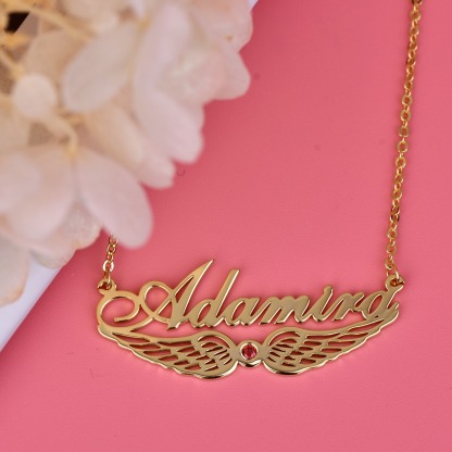Angel Wing Nameplate Pendant with Birthstone Gold plated Personalized Custom Name Necklace