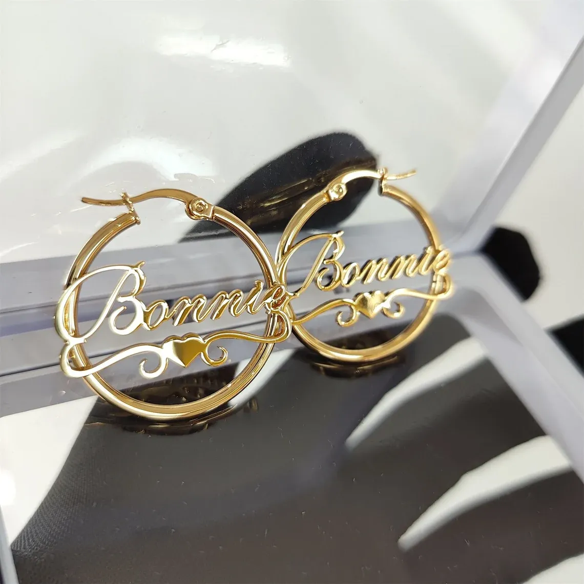 Gold Plated Personalized Hoop Name Earrings with Heart