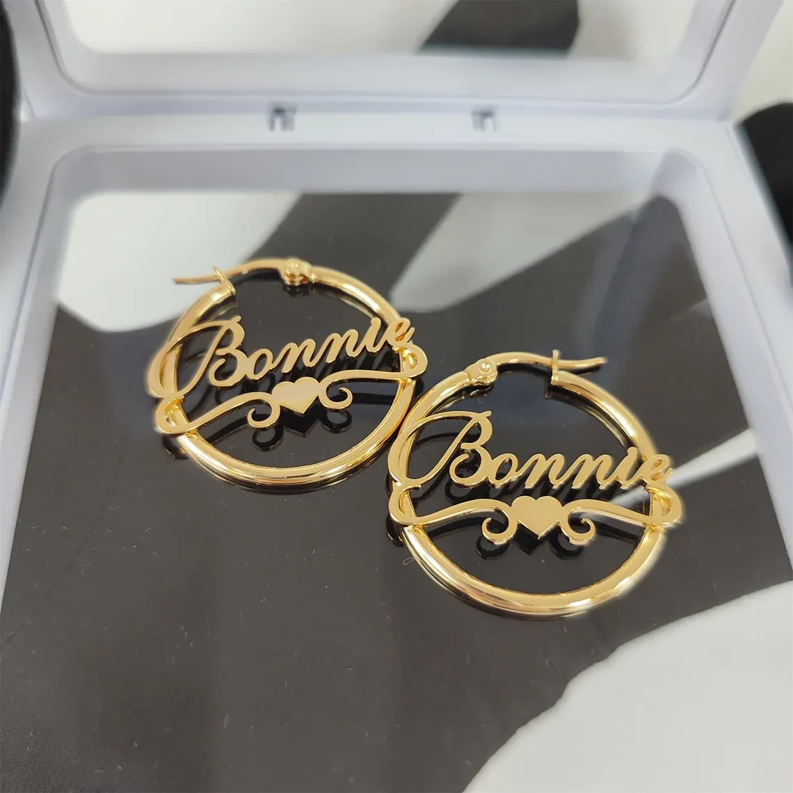Gold Plated Personalized Hoop Name Earrings with Heart
