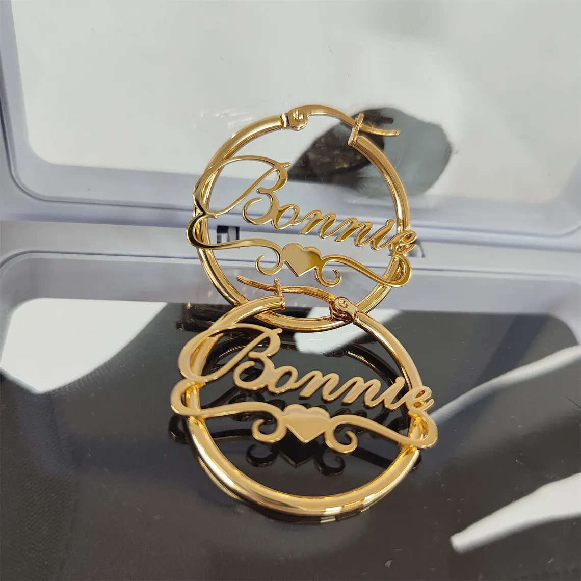 Gold Plated Personalized Hoop Name Earrings with Heart