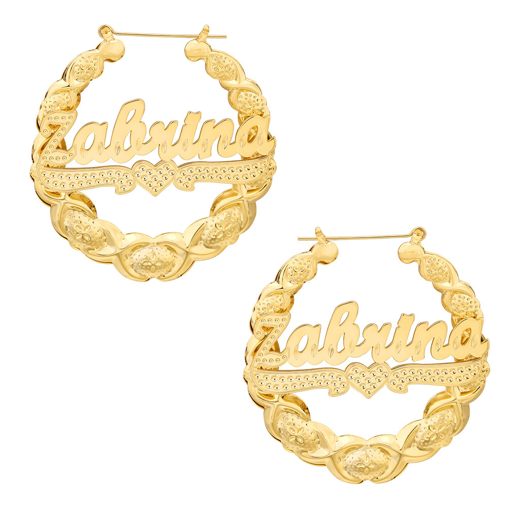 XOXO Bamboo Earrings with Heart Personalized Custom Gold Plated Name Earrings