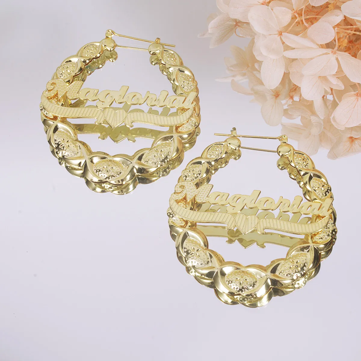 XOXO Bamboo  Earrings Heart Nameplate Personalized Custom Gold Plated Name Earrings