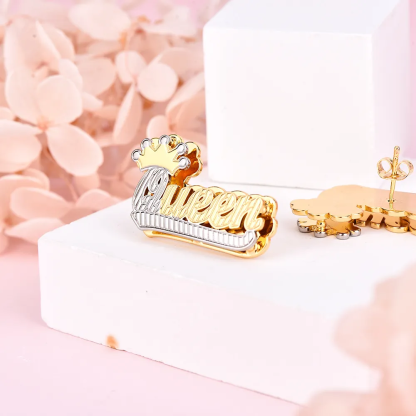 Double Plate Two Tone with Crown Personalized Name Necklace Custom Name Stud Earrings