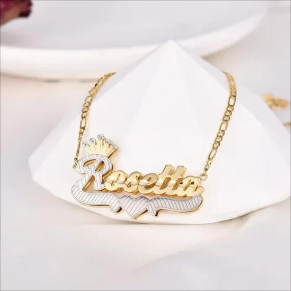 Personalized Double Plated Crown Name Necklace And Cross Necklace 2pc Set