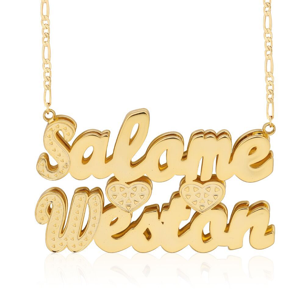 Double Layer 2 Names 2 Hearts Custom Gold Plated Couple Necklace