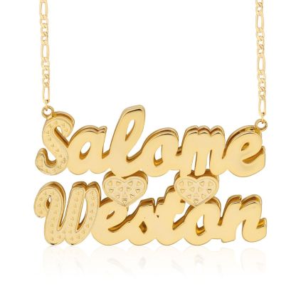 Double Layer 2 Names 2 Hearts Custom Gold Plated Couple Necklace