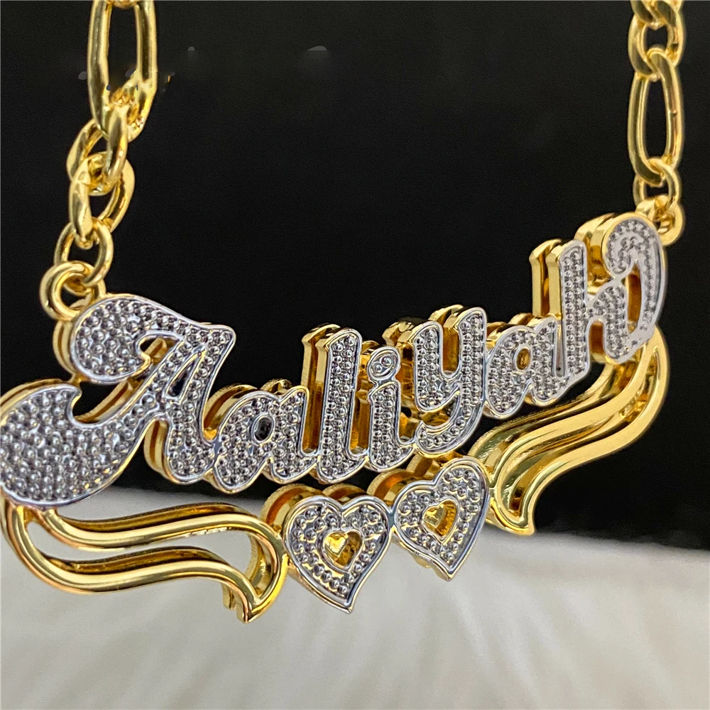 Double Layer Two Tone Two Hearts Personalized Custom Gold Plated Name Necklace