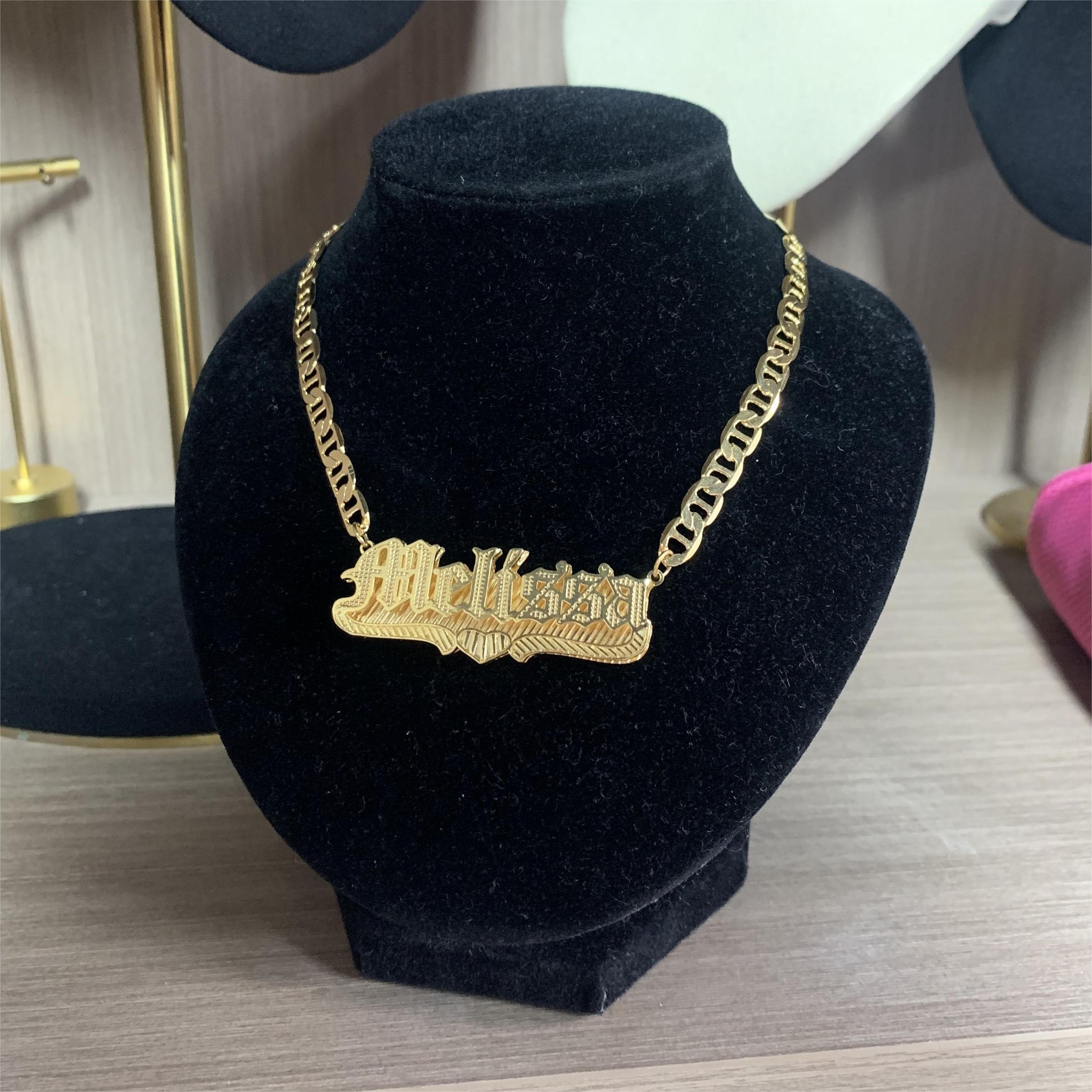 Double Plate Love Heart Personalized Custom Old English Font Gold Plated Name Necklace