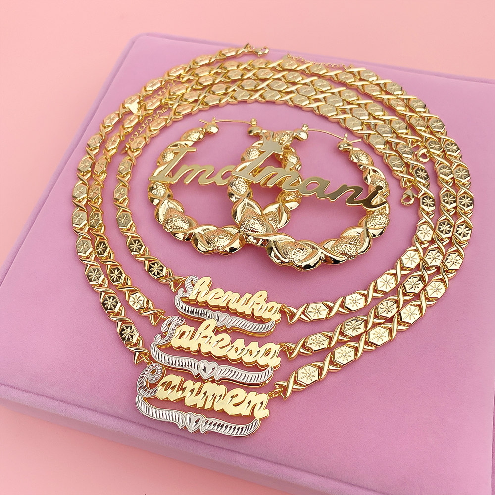 XOXO Chain Personalized Double Layer Gold Plated Name Necklace with Heart 