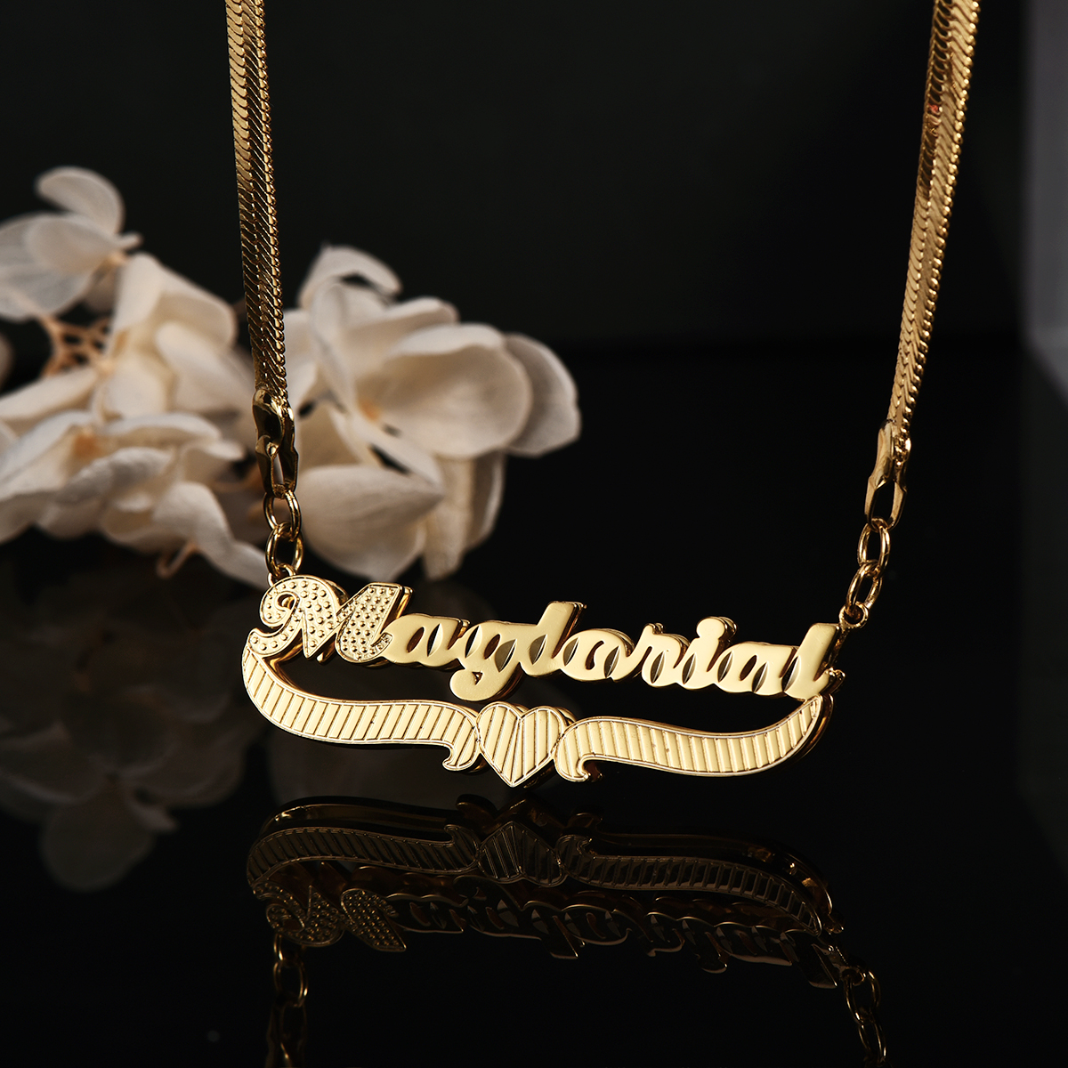 Snake Chain Double Layer Heart Nameplate Pendant Custom Gold Plated Name Necklace 