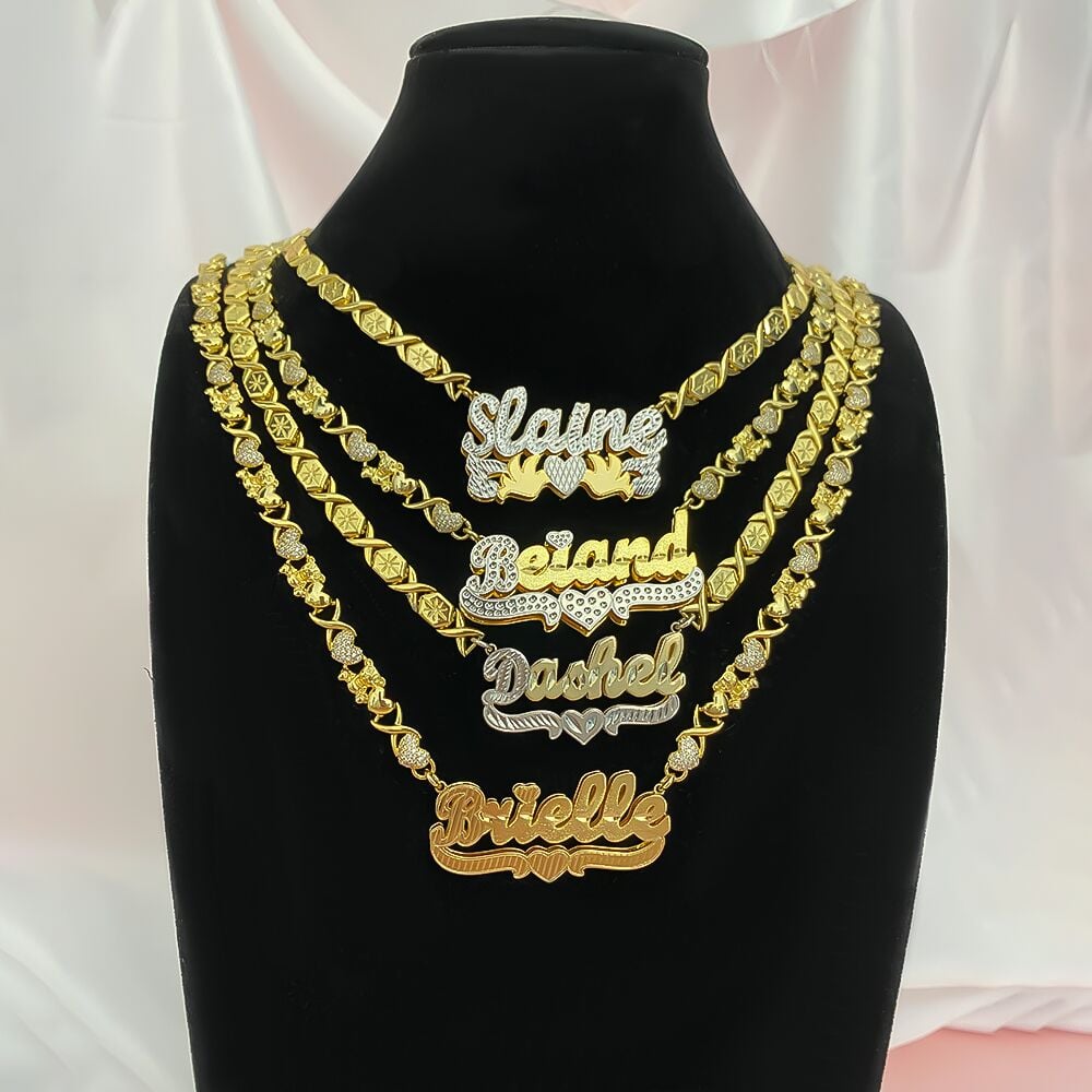 Teddy Heart XOXO Chain Double Layer Two Tone with Heart Personalized Custom Gold Plated Name Necklace