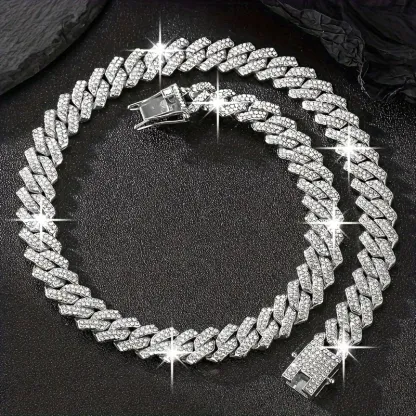 13.5mm Cuban Chain 2 Row Iced Out Bling Rhinestone Zircon Pave Gold Plated Necklace