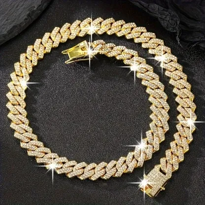 13.5mm Cuban Chain 2 Row Iced Out Bling Rhinestone Zircon Pave Gold Plated Necklace