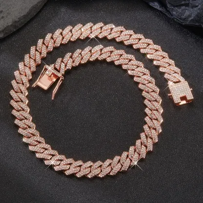 13.5mm Cuban Chain 2 Row Iced Out Bling Rhinestone Zircon Pave Gold Plated Necklace