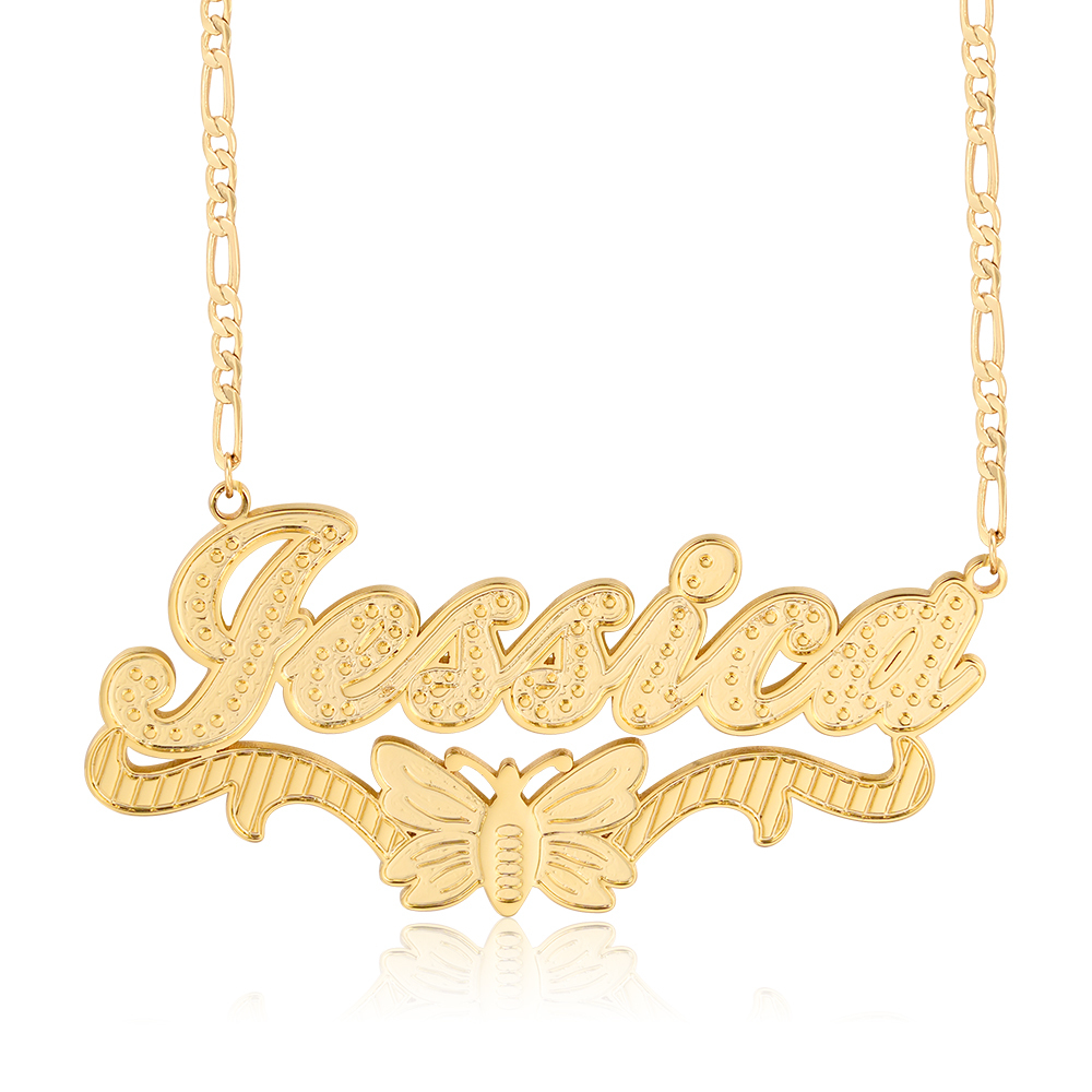 Double Layer Butterfly Nameplate Pendant Personalized Custom Gold Plated Name Necklace