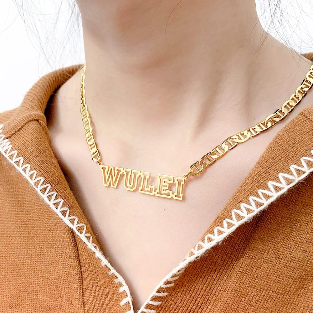 Personalized Hollow Name Necklace And Initial Letter Necklace 2 Pieces Set