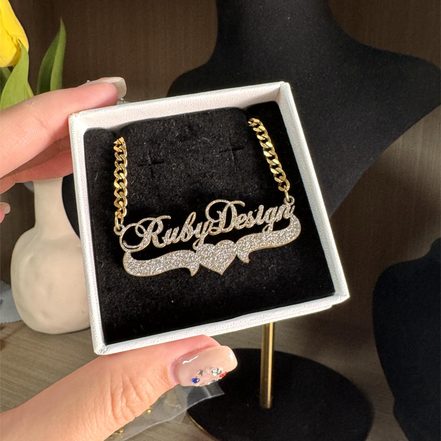 Two Tone with Heart Gold Plated Personalized Custom Bling Name Necklace