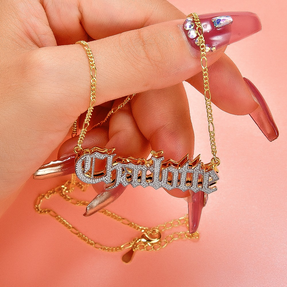 Double Layer Two Tone Old English Font Nameplate Personalized Custom Gold Plated Name Necklace