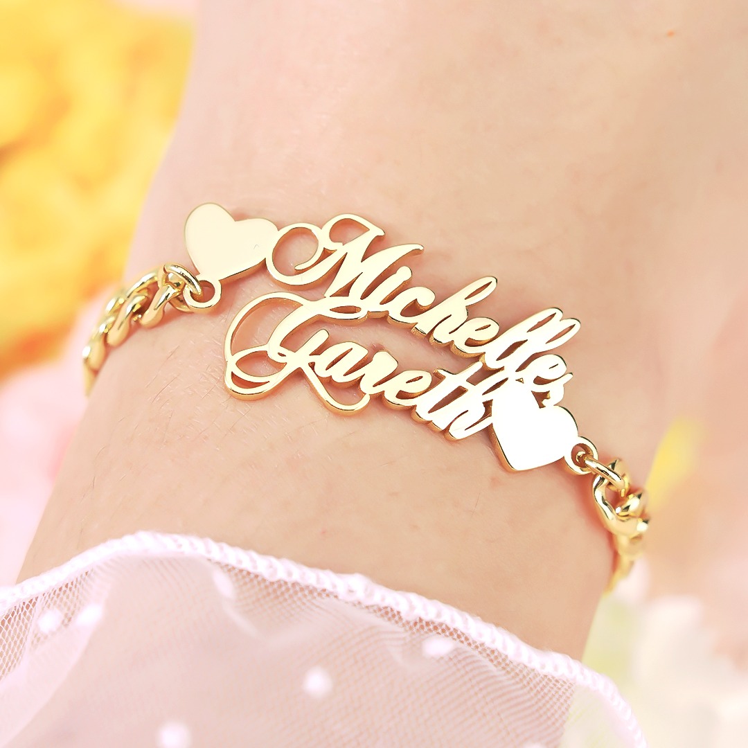 Cuban Chain Two Hearts Two Names Personalized Custom Gold Plated Love Name Bracelet Womem Gift