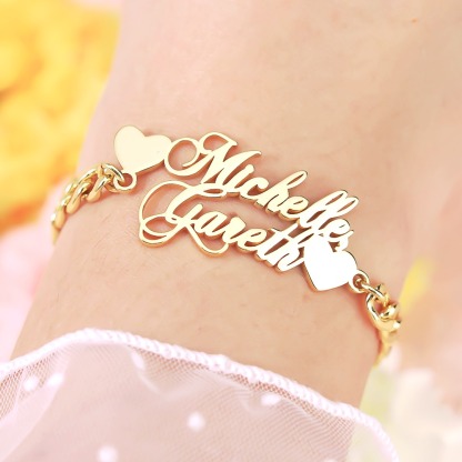 Cuban Chain Two Hearts Two Names Personalized Custom Gold Plated Love Name Bracelet Womem Gift