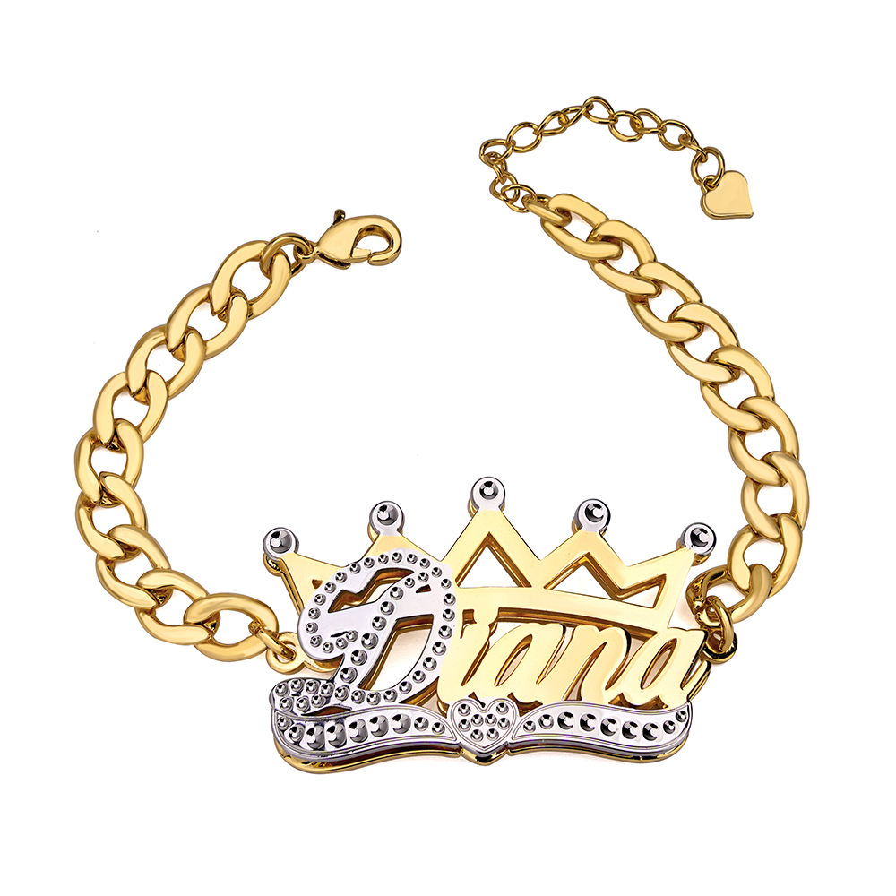 Cuban Chain Double Layer Two Tone Crown Heart Nameplate Personalized Custom Gold Plated Name Bracelet