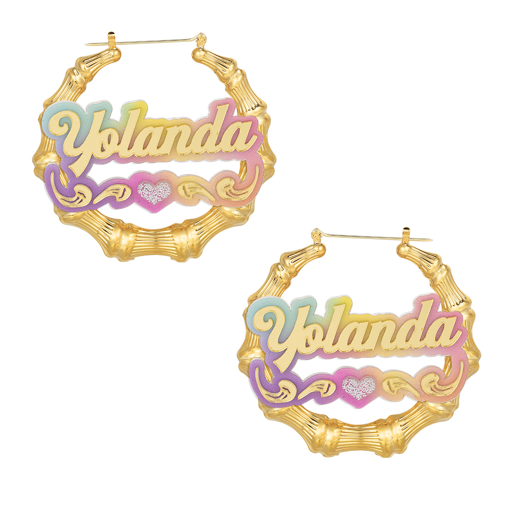 Personalized Colorful Acrylic Name with Heart Bamboo Hoop Earrings