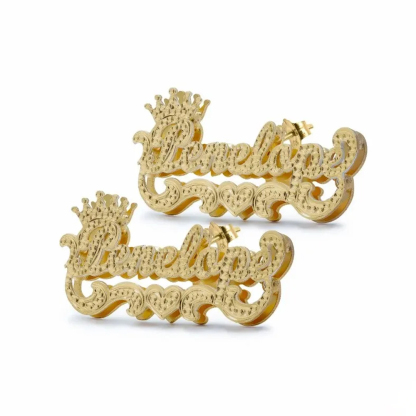 Personalized Custom Two Tone Double Layer Crown Heart Name Stud Earrings